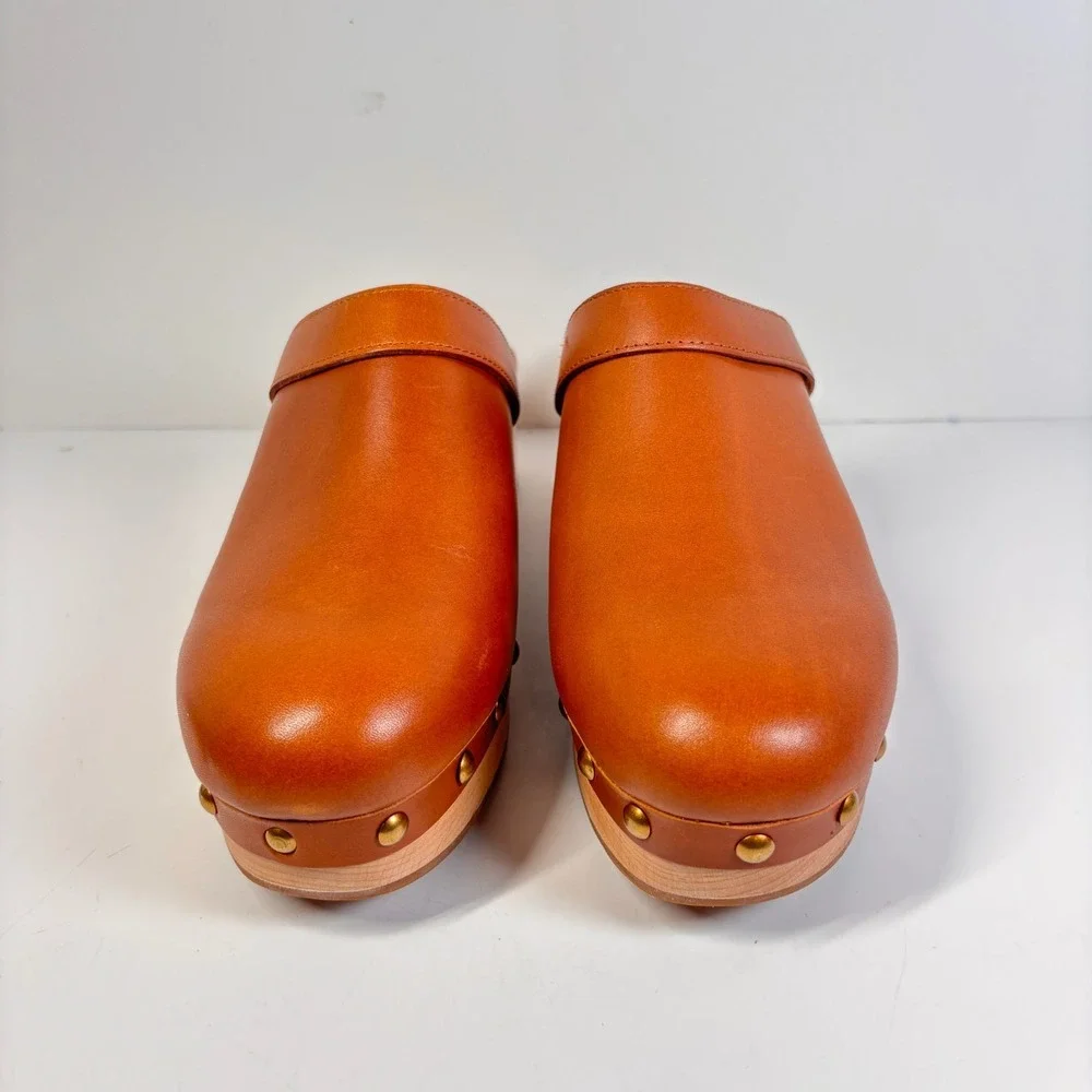 J. Crew Convertible Leather Clogs Brown Studded Wood Sole Slingback Size 6.5 US